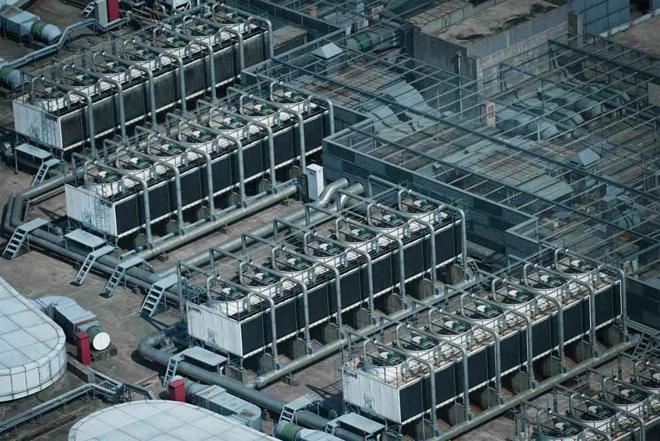 The cooling tower on the rooftop building with HVAC and Water Cooled Chiller system.