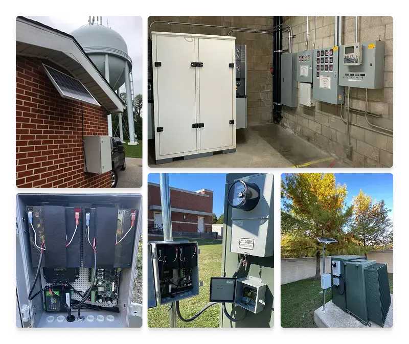 Automated Demand Response Controller (ADRC) installations showing indoor control cabinets, outdoor meter-connected gateway boxes, and a solar-powered unit. The system collects real-time utility meter data and connects building controls to enable automated energy management and demand response.
